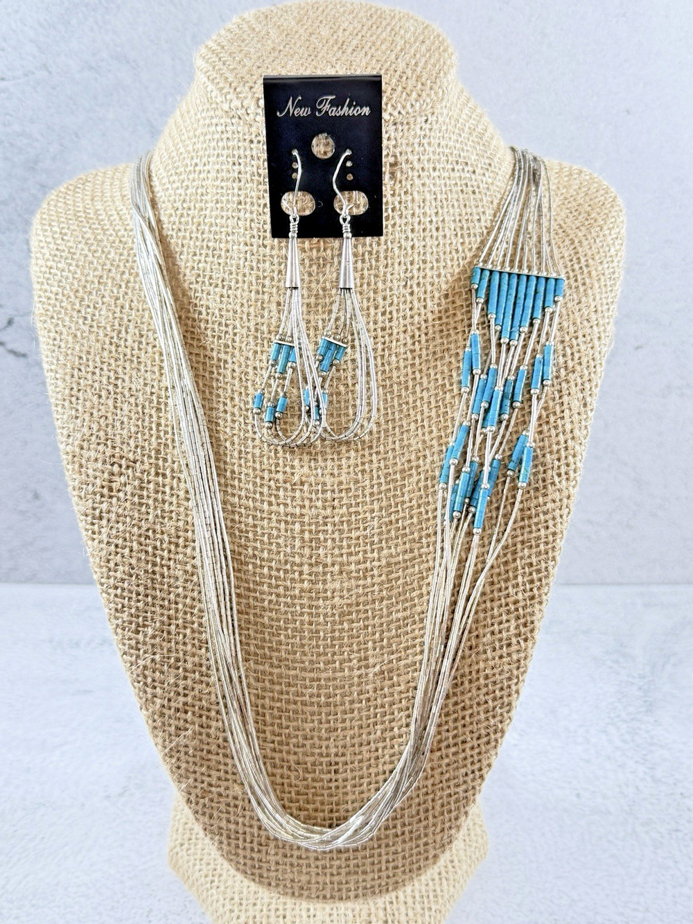 Vintage 10 Strand Liquid Silver Turquoise Beaded Necklace with Earrings